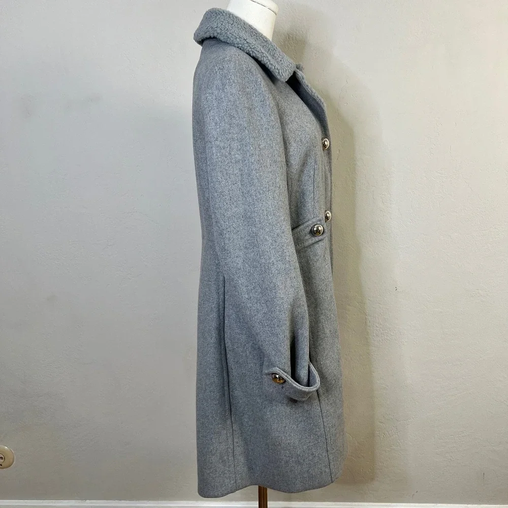 Kate Spade Grey Wool Blend Coat Sherpa Trim Collar Trench Jacket K21765Y Size XS
